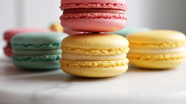 Pink, yellow, and blue macarons stacked on a white marble table