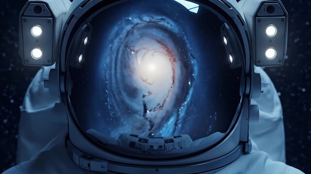 An astronaut's helmet reflects a brilliant, swirling galaxy in the visor of their spacesuit