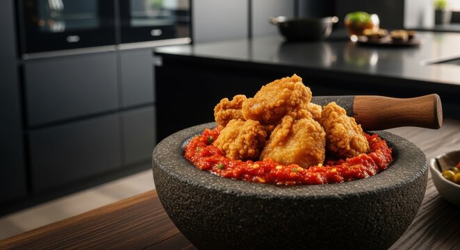 Crispy Fried Chicken Bites Bathed in Fiery Chili Sauce, Artfully Placed in a Rustic Stone Bowl on a Modern Kitchen Countertop