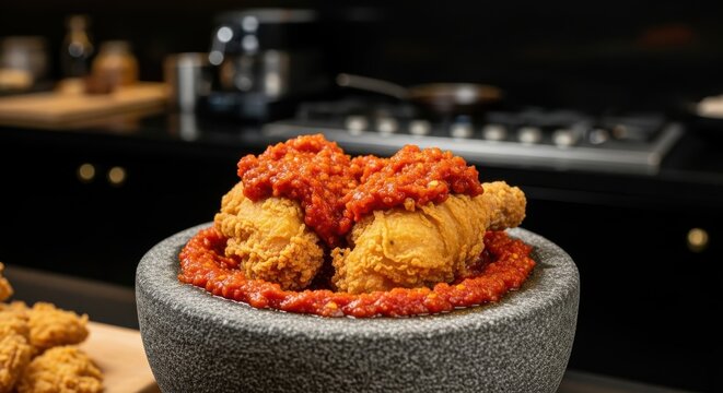 Golden crispy fried chicken pieces with vibrant spicy red sauce, artfully presented in a rustic bowl, creating a delicious and indulgent culinary experience