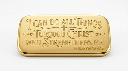 Bible verse " I can do ALL things through CHRIST who strengthens me " design,  solid gold, smooth rounded polished surface,  isolated on white background, minimal shadow