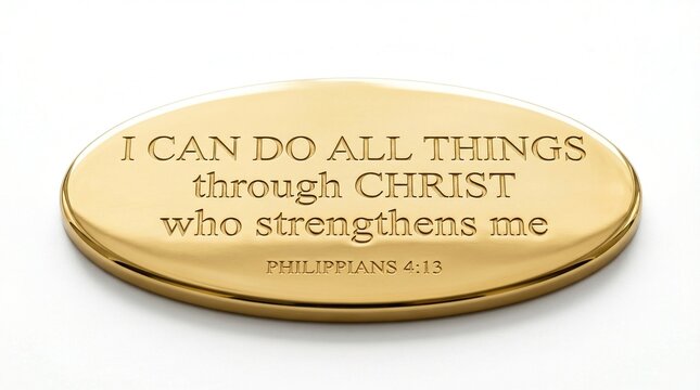 Bible verse " I can do ALL things through CHRIST who strengthens me " design,  solid gold, smooth rounded polished surface,  isolated on white background, minimal shadow