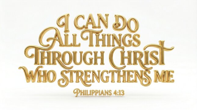 Bible verse " I can do ALL things through CHRIST who strengthens me " design,  solid gold, smooth rounded polished surface,  isolated on white background, minimal shadow