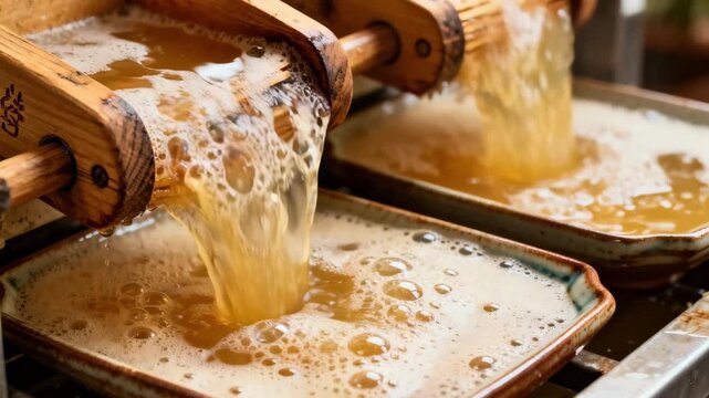 Medium shot capturing frothy juice bubbling richly as it pours from rollers into trays emphasizing the natural fermentation process and lively texture in artisanal juice