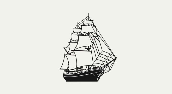 Vintage Tall Ship Silhouette, Black and White Sailing Vessel Illustration on Light Background