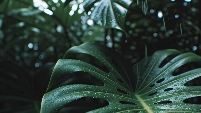 Extreme macro shot of raindrops falling onto a lush green Monstera leaf.