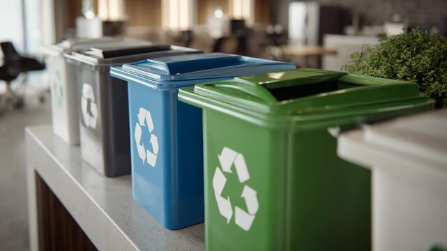 Medium shot of multiple recycling bins labeled for paper plastic and glass neatly arranged in a modern office break room setting