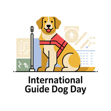 Yellow guide dog wearing red vest with international guide dog day text service animal