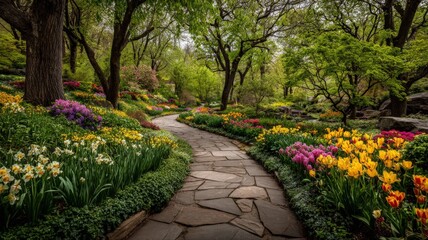 Obraz premium Serene Garden Path Winding Through Lush Spring Flowers and Verdant Trees, Offering Tranquility and Beauty