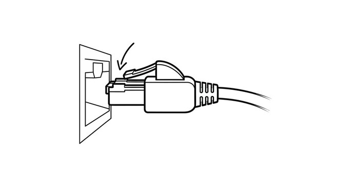 Ethernet Cable Plug Inserted into Wall Socket with Clip Pressed