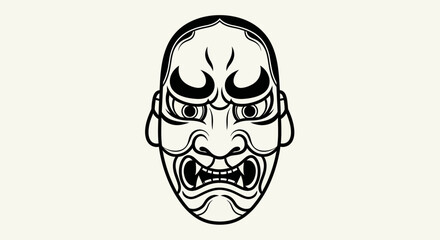 Fototapeta premium Japanese Kabuki Mask Illustration - Fierce Oni Demon Face, Traditional Art
