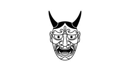 Fototapeta premium Japanese Oni Mask Tattoo Design, Traditional Demon Face with Horns, Black and White Illustration