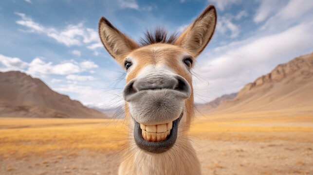 Wild equid looking directly at camera with wide, toothy smile, expressing humor and happiness