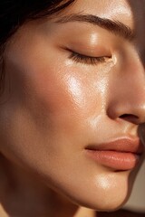 Close-Up Portrait of a Young Woman with Radiant, Glowing Skin, Emphasizing Natural Beauty and Skincare