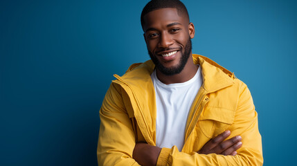 Obraz premium Smiling African American man in a bright yellow jacket and white t-shirt posing confidently against a solid blue background, joyful portrait concept, vibrant color photography,