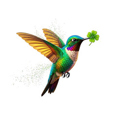 Obraz premium A colorful hummingbird in flight with a green flower isolated on transparent background