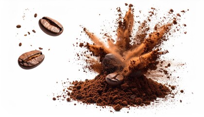 Coffee beans exploding into a pile of grounds, white background