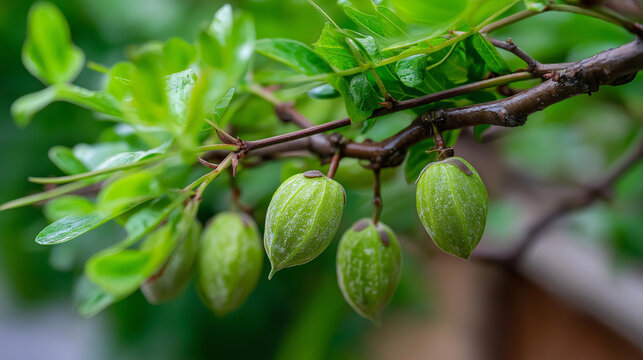 Griffonia plant with unripe seed pods hanging from a branch, green oval pods with textured surface surrounded by lush leaves, defocused background, botanical plant concept, herbal
