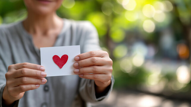 Faceless hands holding a white card with a red heart and charitable giving campaign text, defocused background, charity and kindness concept, generosity campaign, donation