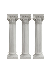 Three white marble columns with scroll details isolated on a transparent background