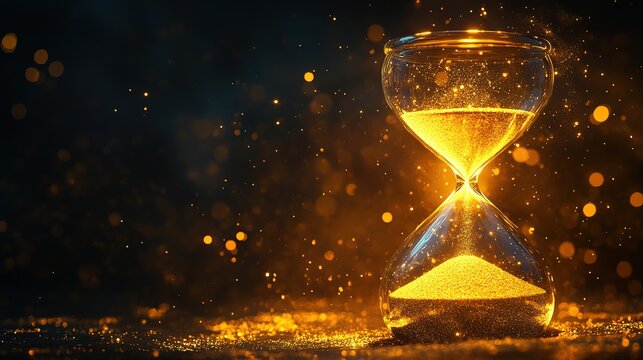 Golden Hourglass: Capturing a magical display of time passing, this image shows the graceful descent of golden sand in a mesmerizing hourglass. Sparkling lights encircle the glass.