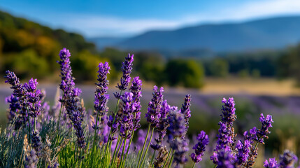 Obraz premium Field of purple lavender flowers stretching to distant hills under a bright blue sky and warm sun, defocused background, natural lavender landscape concept, fragrant countryside,