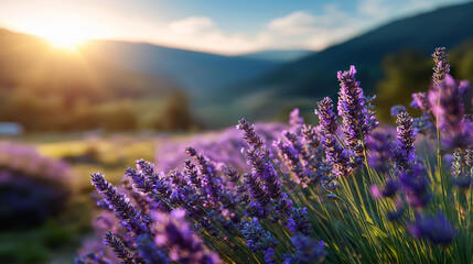 Fototapeta premium Field of purple lavender flowers stretching to distant hills under a bright blue sky and warm sun, defocused background, natural lavender landscape concept, fragrant countryside,