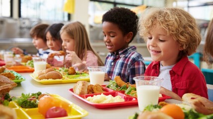 Diverse Group of Elementary Students Enjoying Lunch Together in School Cafeteria, Eating Nutritious Meals