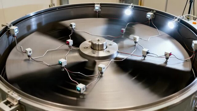 Medium shot showing a sensor network installed on a centrifuge analyzing vibration and temperature patterns to forecast mechanical failures early.