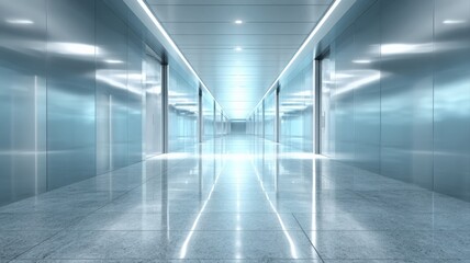 Obraz premium Futuristic Hallway with Metallic Walls and Bright Light, Modern Architectural Interior, Empty Space for Product Placement