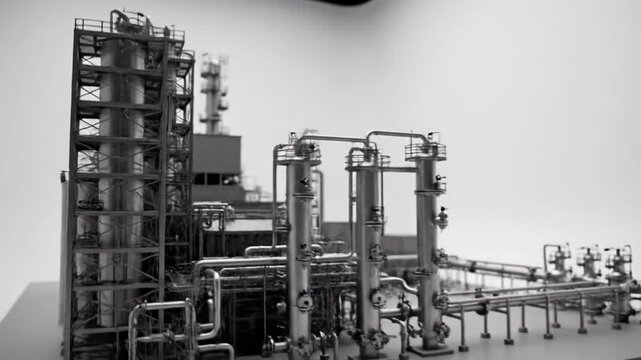 Industrial chemical plant with storage tanks and complex piping in monochrome