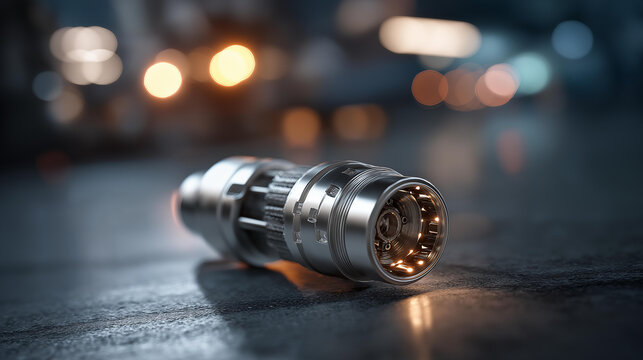 Detailed 3D illustration of a diesel particulate filter and catalytic converter showing intricate internal metal exhaust components on a concrete surface, defocused background,