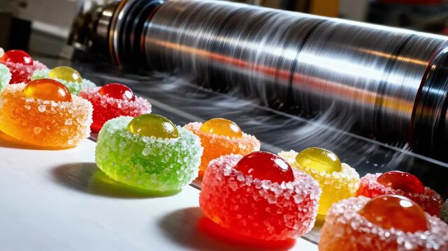 Closeup medium shot capturing candy dragees with jelly centers being coated evenly in a spinning drum highlighting vibrant colors and texture.