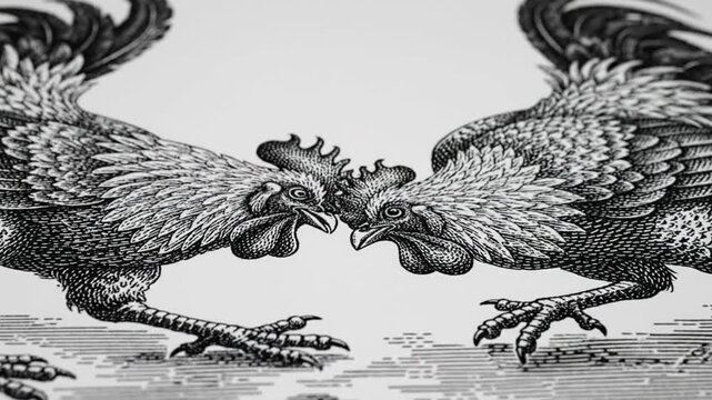 Detailed engraving of two roosters fighting aggressively