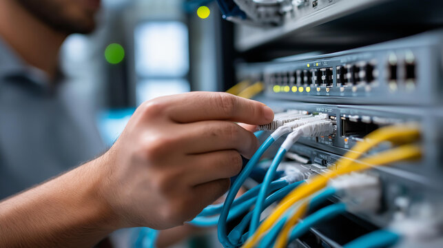 Faceless technician connecting network cables to router ports in a modern office server room, defocused background, computer network setup concept, data infrastructure, IT