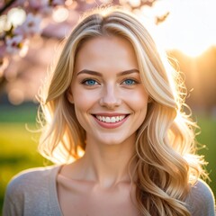 Naklejka premium Hübsche blonde Frau im Frühling – lachendes Portrait