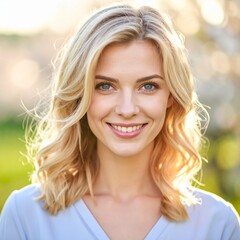 Naklejka premium Hübsche blonde Frau im Frühling – lachendes Portrait