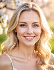 Fototapeta premium Hübsche blonde Frau im Frühling – lachendes Portrait