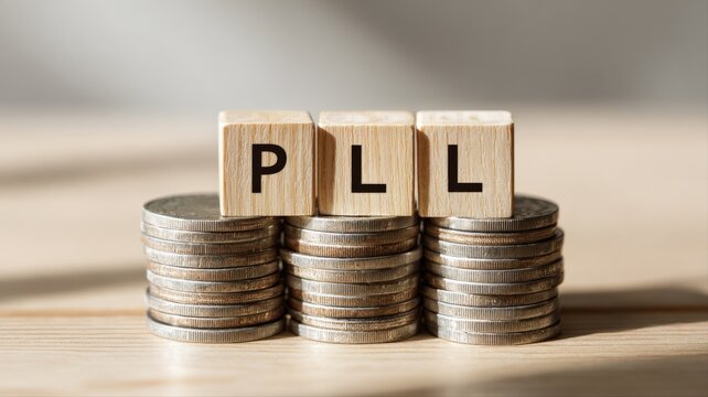 PLL Wooden Blocks Stacked Atop Coin Piles Representing Financial Planning And Business Growth