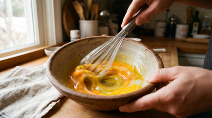 Close-up of a hand whisking eggs inside a bowl.