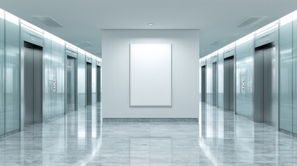 Fototapeta premium Modern Office Lobby with Elevators and Blank Frame for Artwork, Interior Design Mockup, Commercial Space