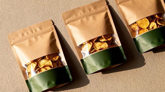 Medium shot showcasing compostable windowed bags containing dehydrated snacks emphasizing natural transparency and environmental responsibility.