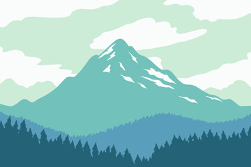 Stylized mountain landscape with forest and cloudy blue sky © bashanti