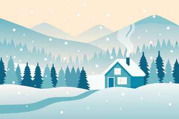 A tranquil winter landscape featuring a cozy cabin and snow covered mountains © bashanti