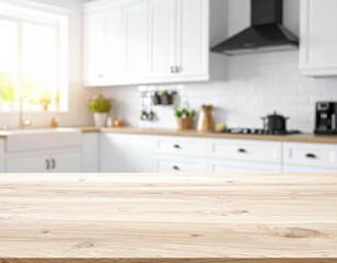 Empty Wooden Kitchen Countertop with Blurred Modern Interior Background &ndash; Product Display Mockup with Copy Space