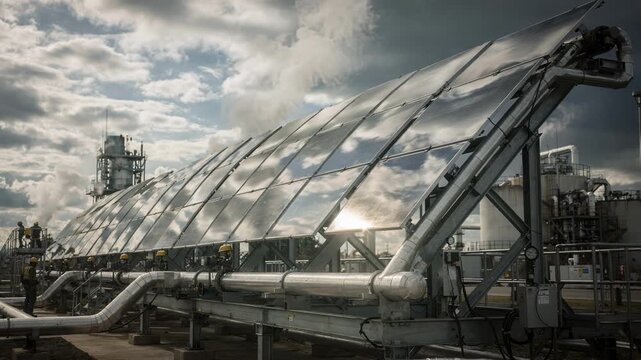 Medium shot of solar thermal collectors heating fluid to support industrial steam systems during variable weather conditions.