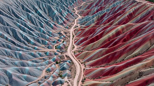 aerial view winding road through vibrant multicolored mountain landscape | travel, adventure, geology, scenery, exploration theme