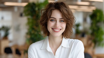 Fototapeta premium Professional Headshot of a Beautiful Smiling Woman with Short Brown Hair in a Modern Office