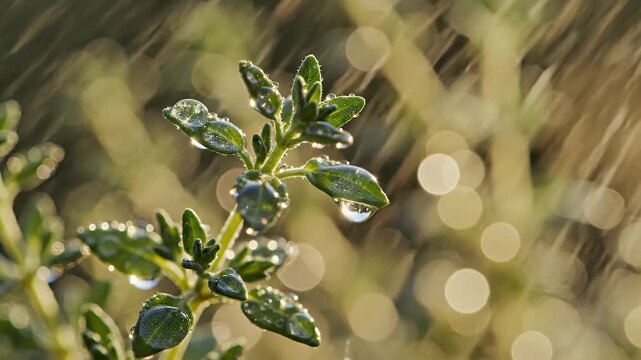 Fresh thyme sprig glistening with water droplets