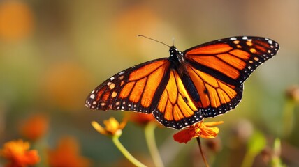 Obraz premium Monarch Butterfly Resting on a Flower, Beautiful Orange Insect in Nature, Pollination Scene